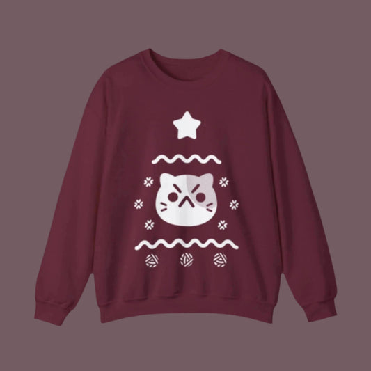 ANGY CAT UGLY XMAS TREE GARNET CREWNECK