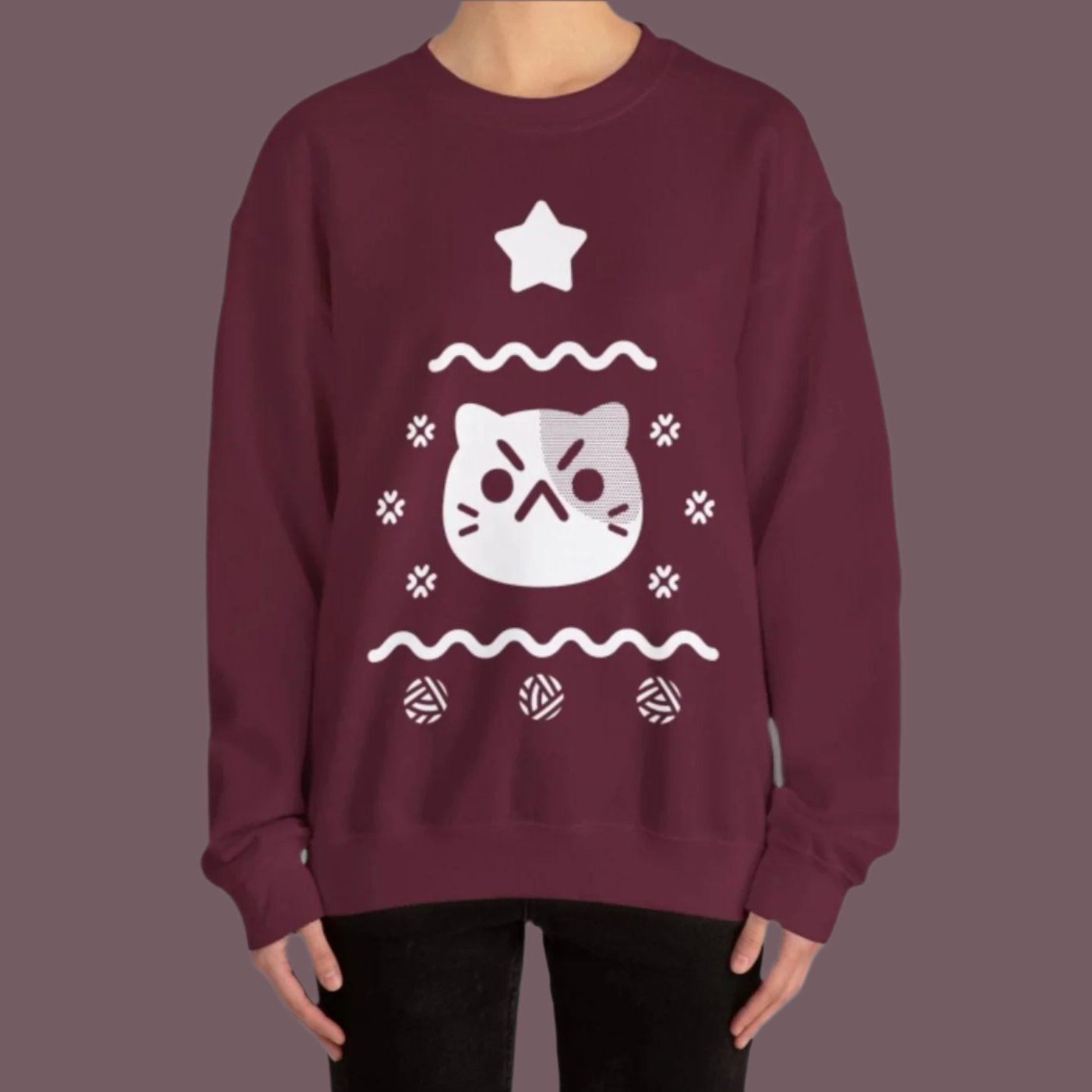 ANGY CAT UGLY XMAS TREE GARNET CREWNECK