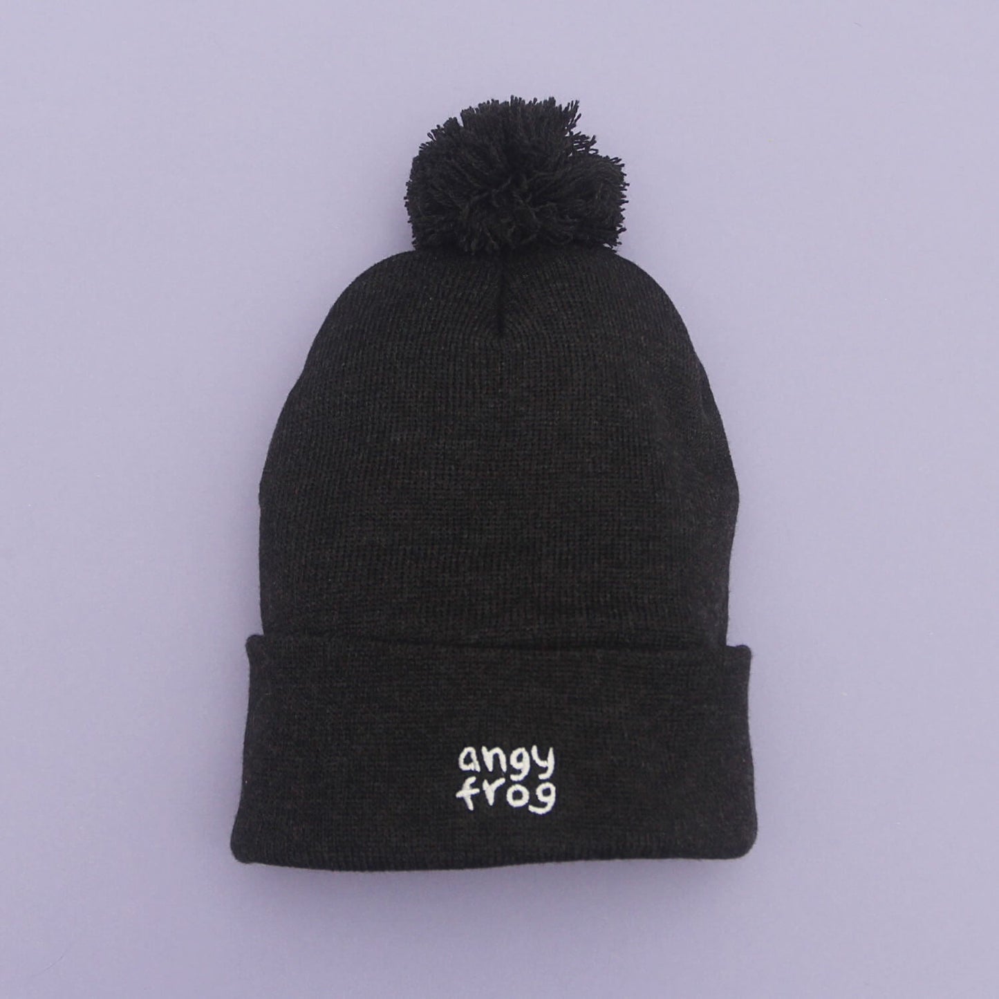 Angy Frog Leaf Pom-Pom Beanie in Black