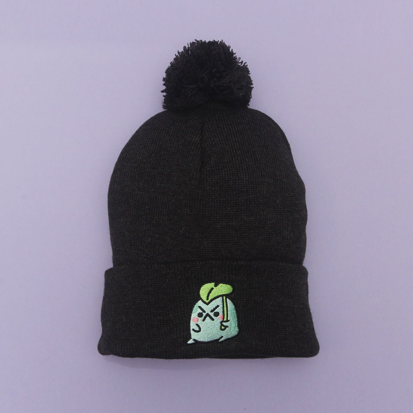 Angy Frog Leaf Pom-Pom Beanie in Black