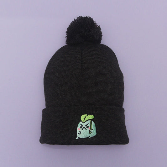 Angy Frog Leaf Pom-Pom Beanie in Black